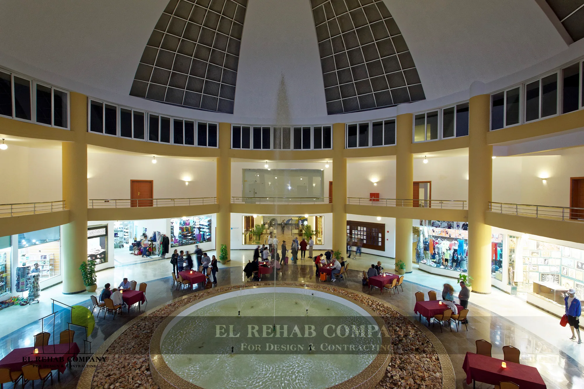 Finished resort lobby beneath the glazed roof